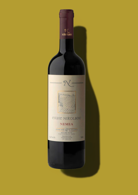 100% Agiorgitiko red wine from Estate Nikolaou, in Nemea, Greece. Packed with ripe black fruit and sweet vanilla spice