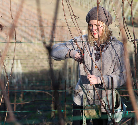 One of the Borgogno family works in the vineyard pruning the vines. 