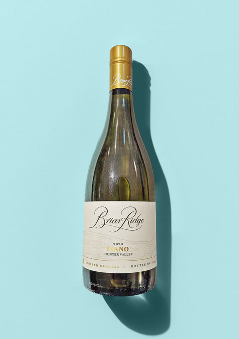 The Fiano wine bottle complete with Briar Ridge and Hunter valley label and showing its limited release of the 2023 vintage
