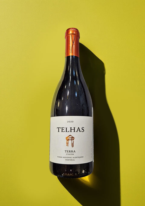 Bottle of Telhas tinto red wine, produced in Alentejo. This is the 2020 vintage