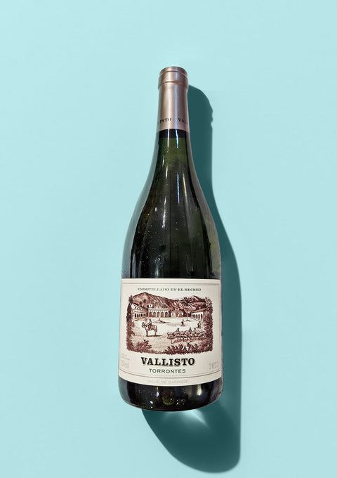 The bottle of Torrontes white wine by Vallisto, showing its 2023 vintage. 